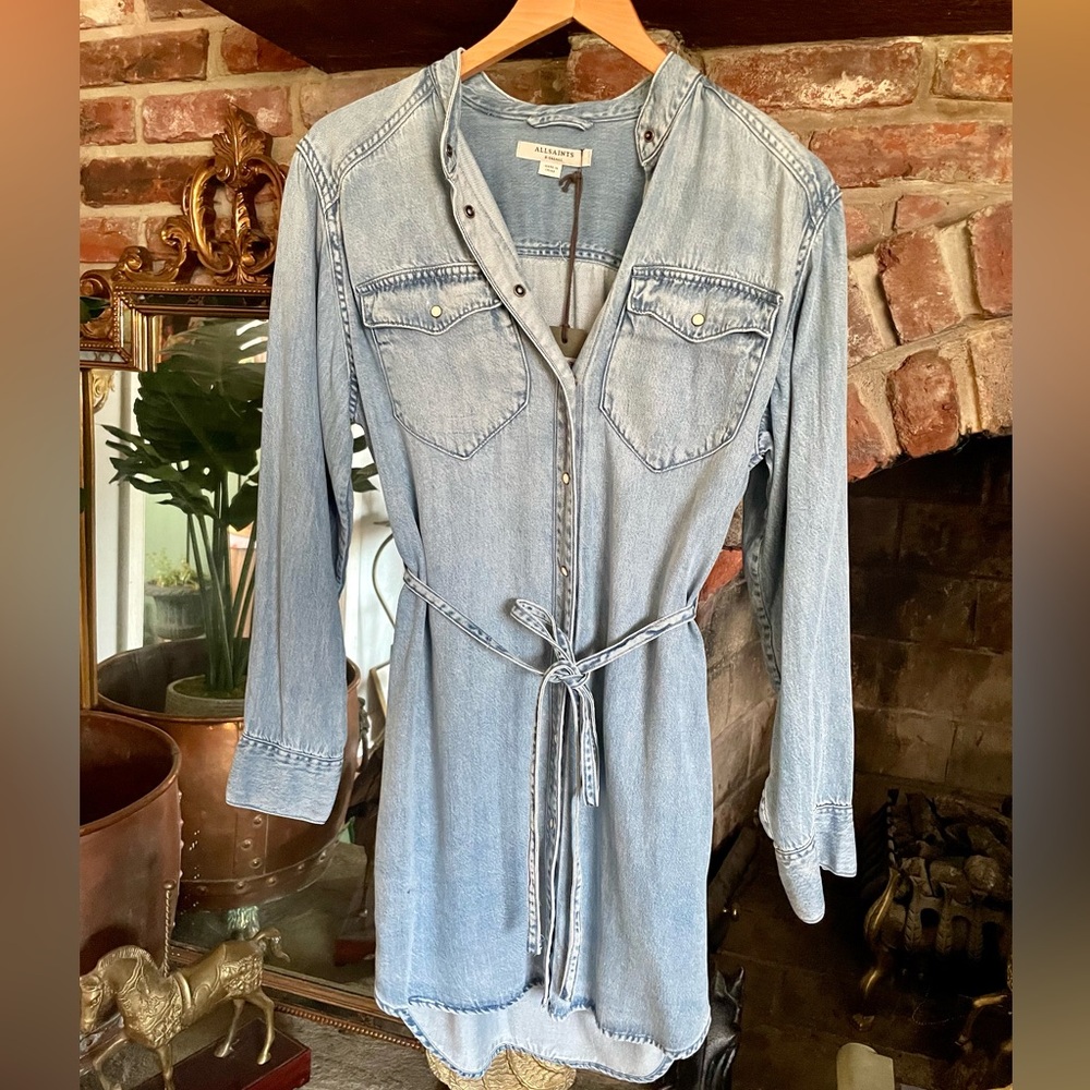 🆕 NWT AllSaints Light Blue Denim Super Soft Shirt Dress with Tie Belt Size XS